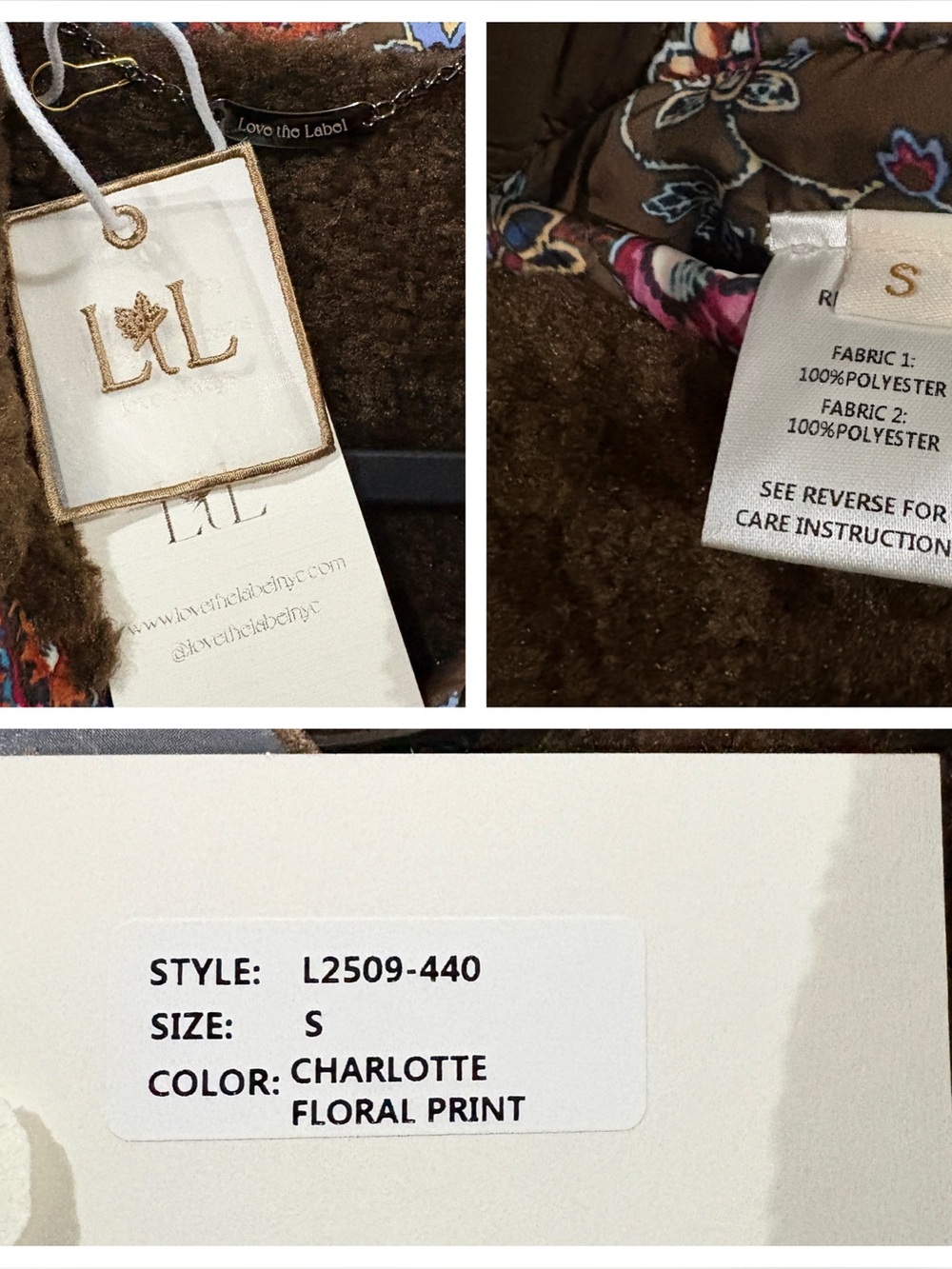 Love The Label Finley Sherpa Jacket Reversible Charlotte Floral Brown S Small - Picture 10 of 10